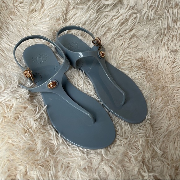 Coach pelican T-strap jelly sandal dust blue with gold accents size 38 or 7.5 - Picture 1 of 10